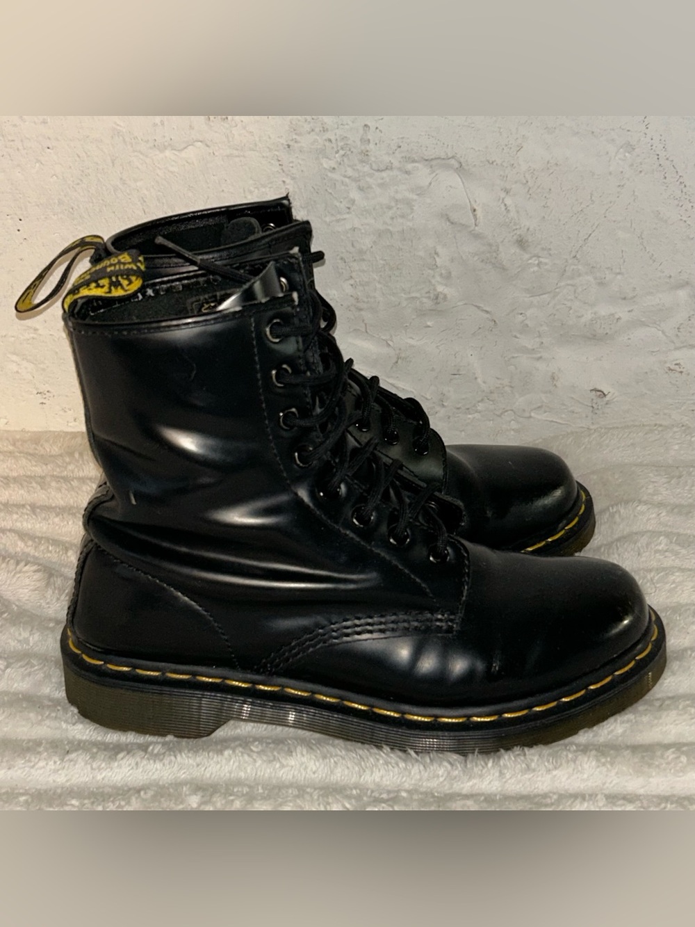 Dr. Martens Black Leather Lace-Up Boots with Yellow Stitching